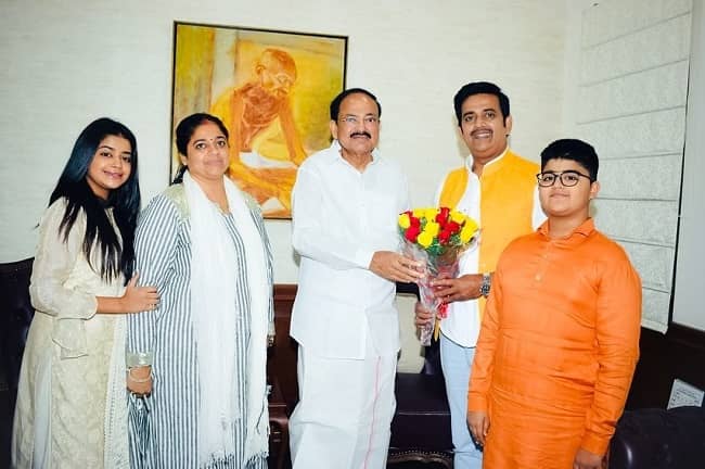 Preeti Kishan with her husband and kids captured during their meet with Vice President Shri M Venkaiah Naidu